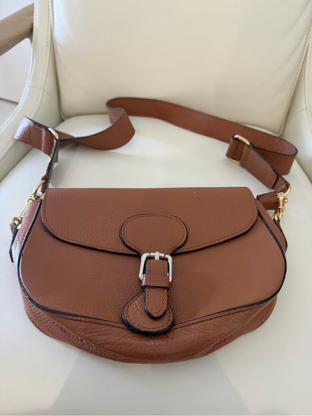 Brown Leather Crossbody Bag with Buckle Accent